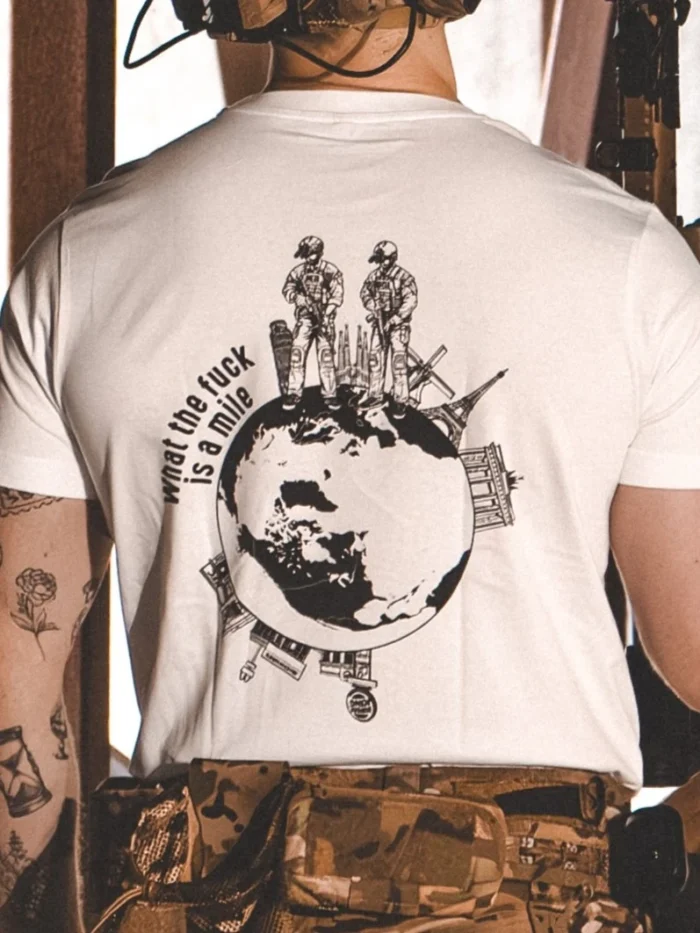 the trace apparel collection featuring 2 operators standing on europe and watching america saying wtf is a mile