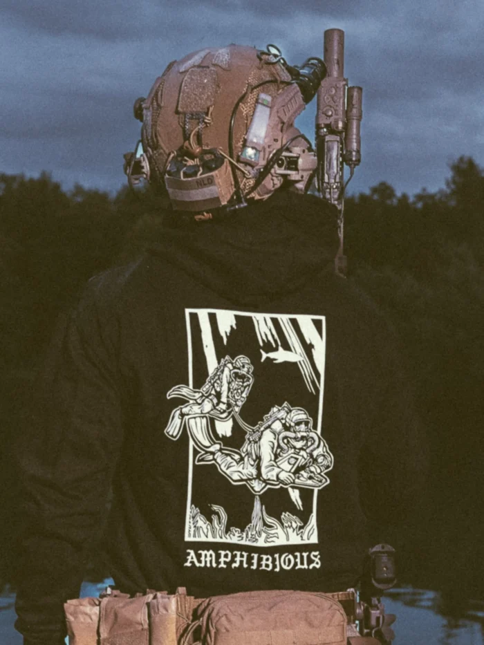 the trace apparel collection featuring two military reconnaissance divers swimming underwater