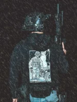 the trace apparel collection featuring a design with a military operator standing next to a snowman with a text saying anti snow flake club