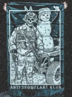the trace apparel collection featuring a design with a military operator standing next to a snowman with a text saying anti snow flake club