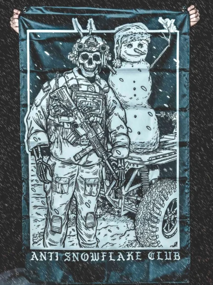 the trace apparel collection featuring a design with a military operator standing next to a snowman with a text saying anti snow flake club