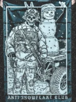 the trace apparel collection featuring a design with a military operator standing next to a snowman with a text saying anti snow flake club