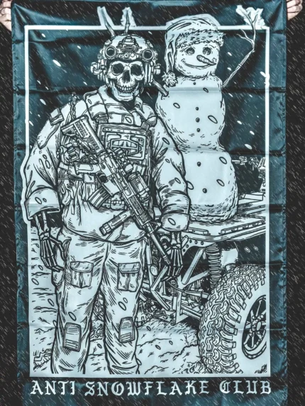 the trace apparel collection featuring a design with a military operator standing next to a snowman with a text saying anti snow flake club