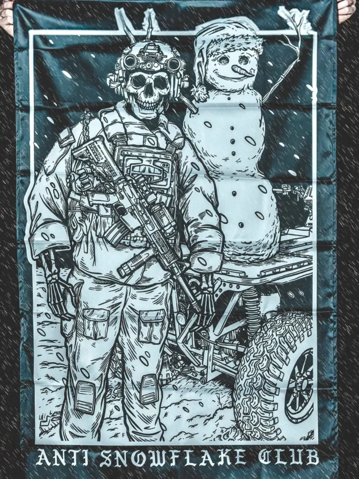 the trace apparel collection featuring a design with a military operator standing next to a snowman with a text saying anti snow flake club
