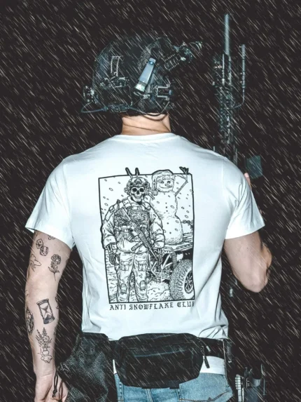 the trace apparel collection featuring a design with a military operator standing next to a snowman with a text saying anti snow flake club