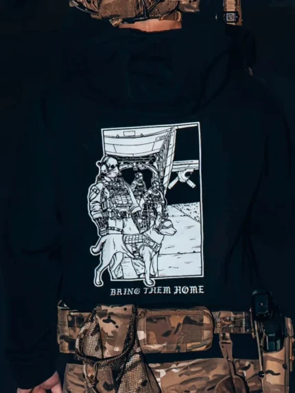 black hoodie from The Trace featuring k9 and his doghandler on a rescue mission by c130.