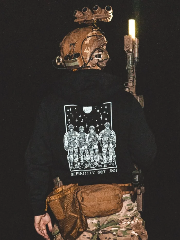 black hoodie from The Trace featuring a special operations force with a text saying definitely not sof