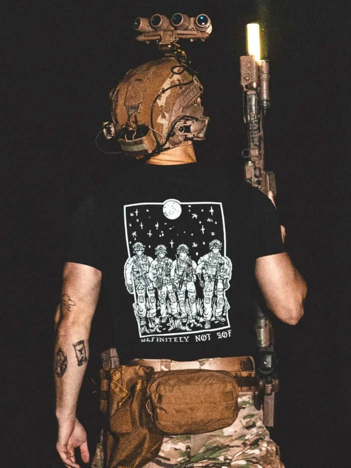 black shirt from The Trace featuring a special operations force with a text saying definitely not sof