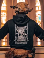 the trace apparel collection featuring skeletons praying to an hourglass showing atomic weapons dropping