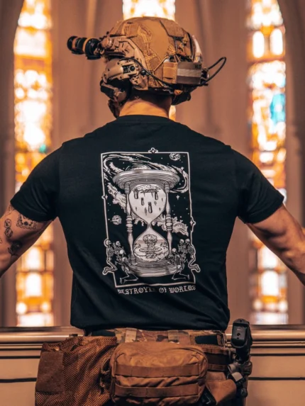 the trace apparel collection featuring skeletons praying to an hourglass showing atomic weapons dropping
