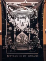 the trace apparel collection featuring skeletons praying to an hourglass showing atomic weapons dropping