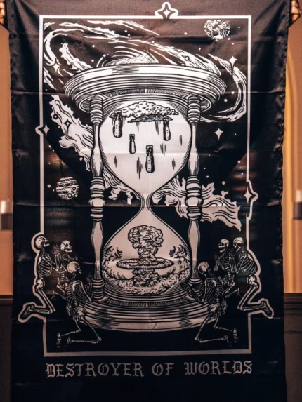 the trace apparel collection featuring skeletons praying to an hourglass showing atomic weapons dropping