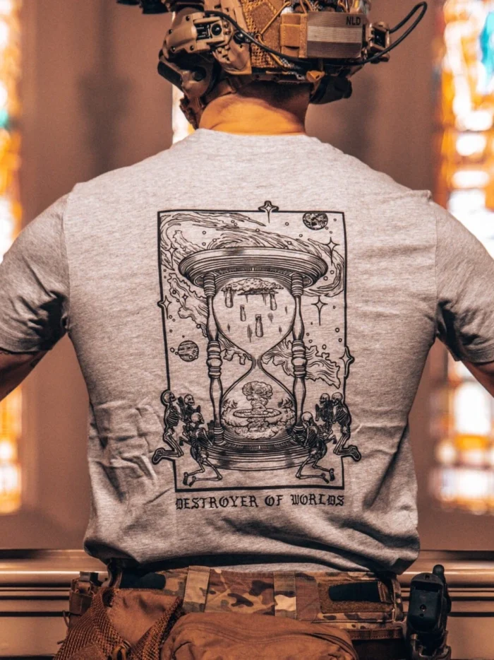 the trace apparel collection featuring skeletons praying to an hourglass showing atomic weapons dropping