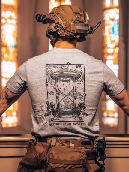 the trace apparel collection featuring skeletons praying to an hourglass showing atomic weapons dropping