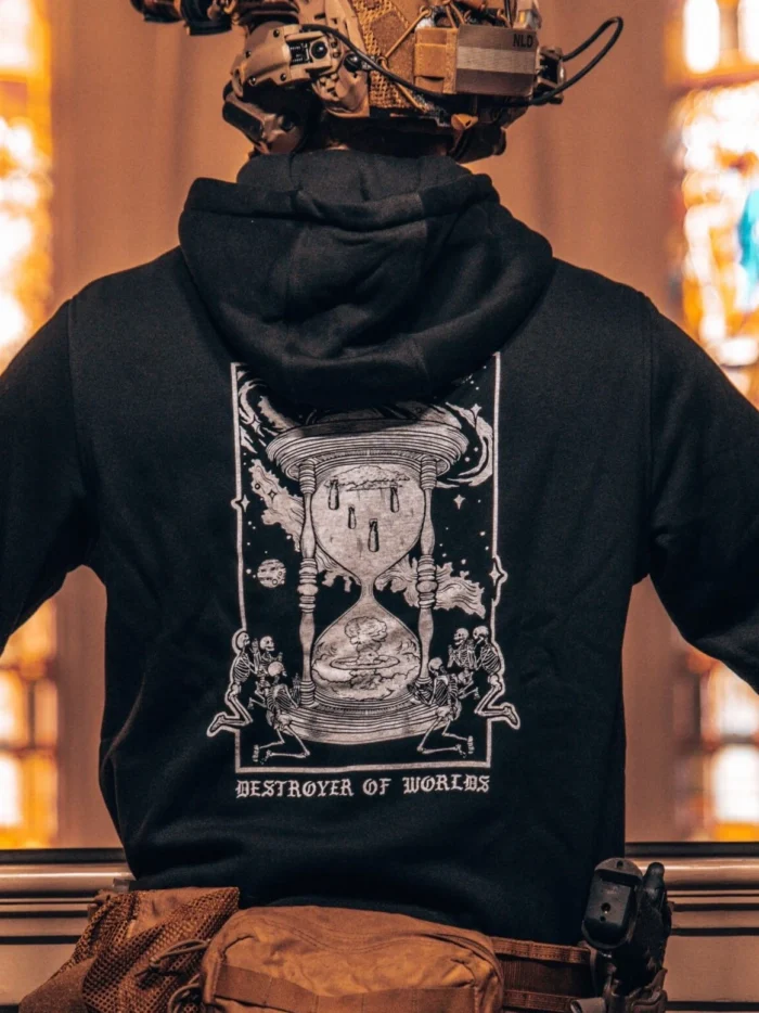 the trace apparel collection featuring skeletons praying to an hourglass showing atomic weapons dropping