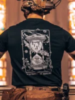 the trace apparel collection featuring skeletons praying to an hourglass showing atomic weapons dropping