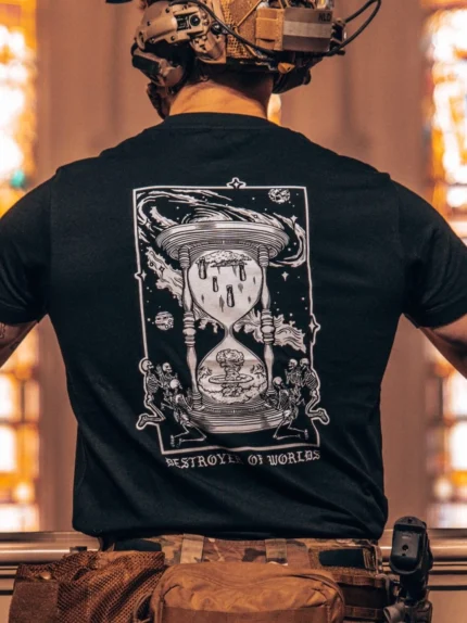 the trace apparel collection featuring skeletons praying to an hourglass showing atomic weapons dropping