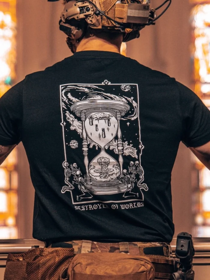 the trace apparel collection featuring skeletons praying to an hourglass showing atomic weapons dropping