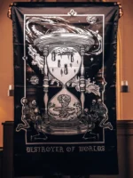 the trace apparel collection featuring skeletons praying to an hourglass showing atomic weapons dropping