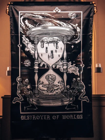 the trace apparel collection featuring skeletons praying to an hourglass showing atomic weapons dropping