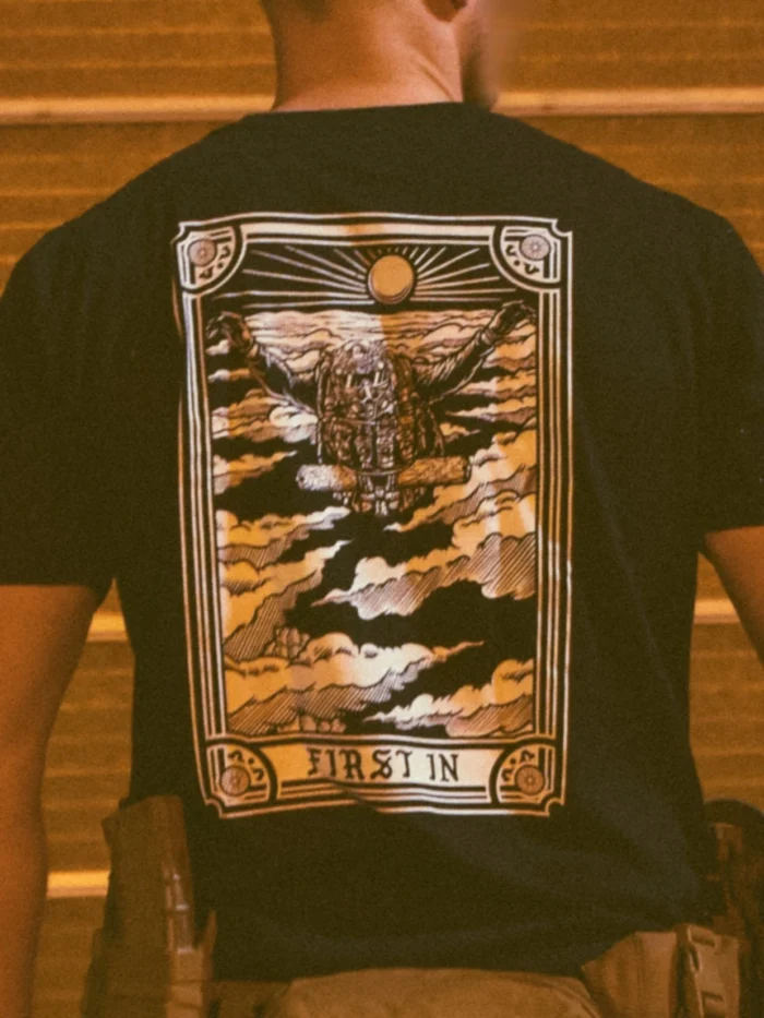 the trace apparel collection featuring a military free fall guy in mid air