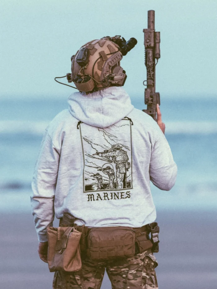 the trace apparel collection featuring marines standing partly in the water