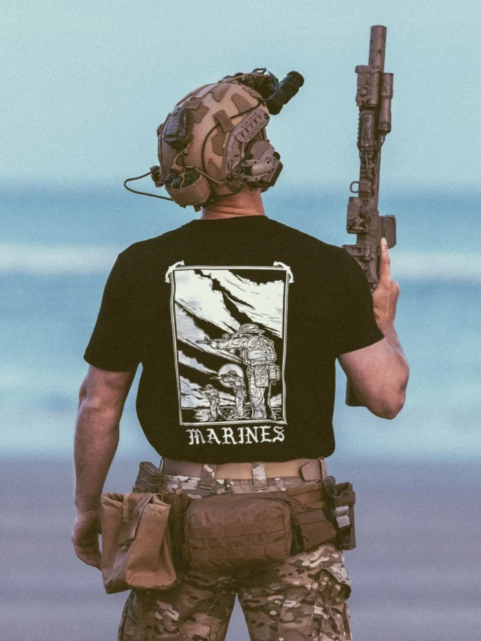 the trace apparel collection featuring marines standing partly in the water