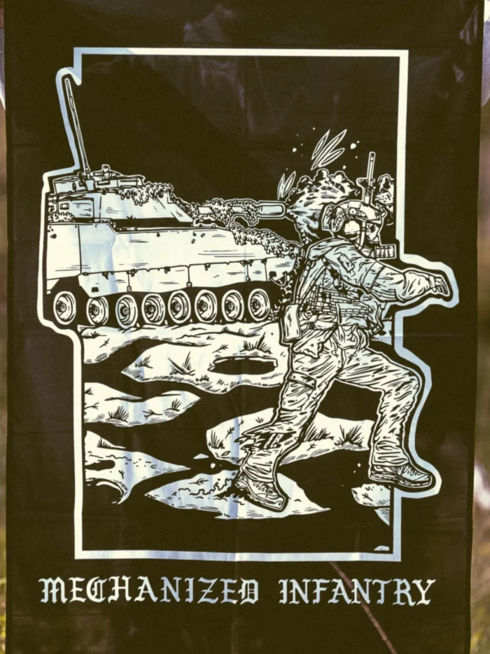 the trace apparel collection featuring guys fighting alongside a military cv90 vehicle