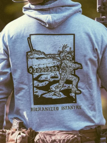 the trace apparel collection featuring guys fighting alongside a military cv90 vehicle