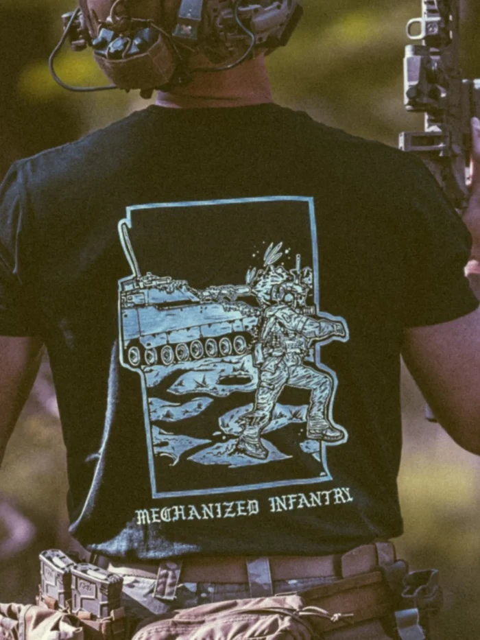 the trace apparel collection featuring guys fighting alongside a military cv90 vehicle