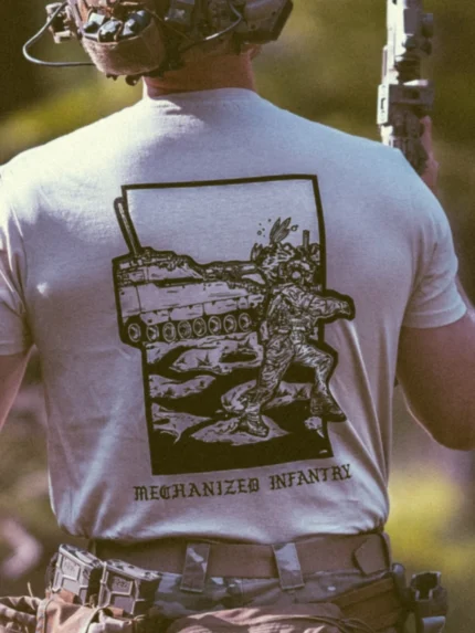 the trace apparel collection featuring guys fighting alongside a military cv90 vehicle