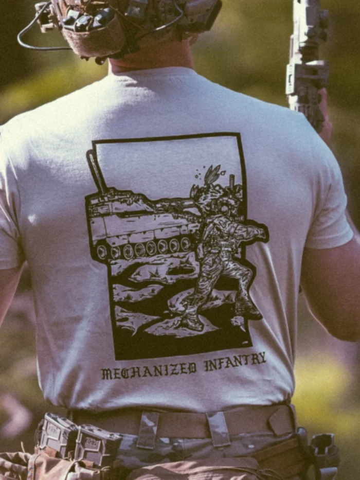 the trace apparel collection featuring guys fighting alongside a military cv90 vehicle