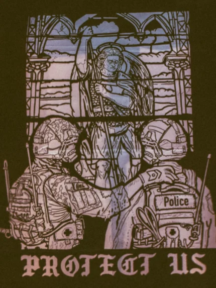 the trace apparel collection featuring a military and a police guy standing in front of a tinted window that displays saint michael the protector