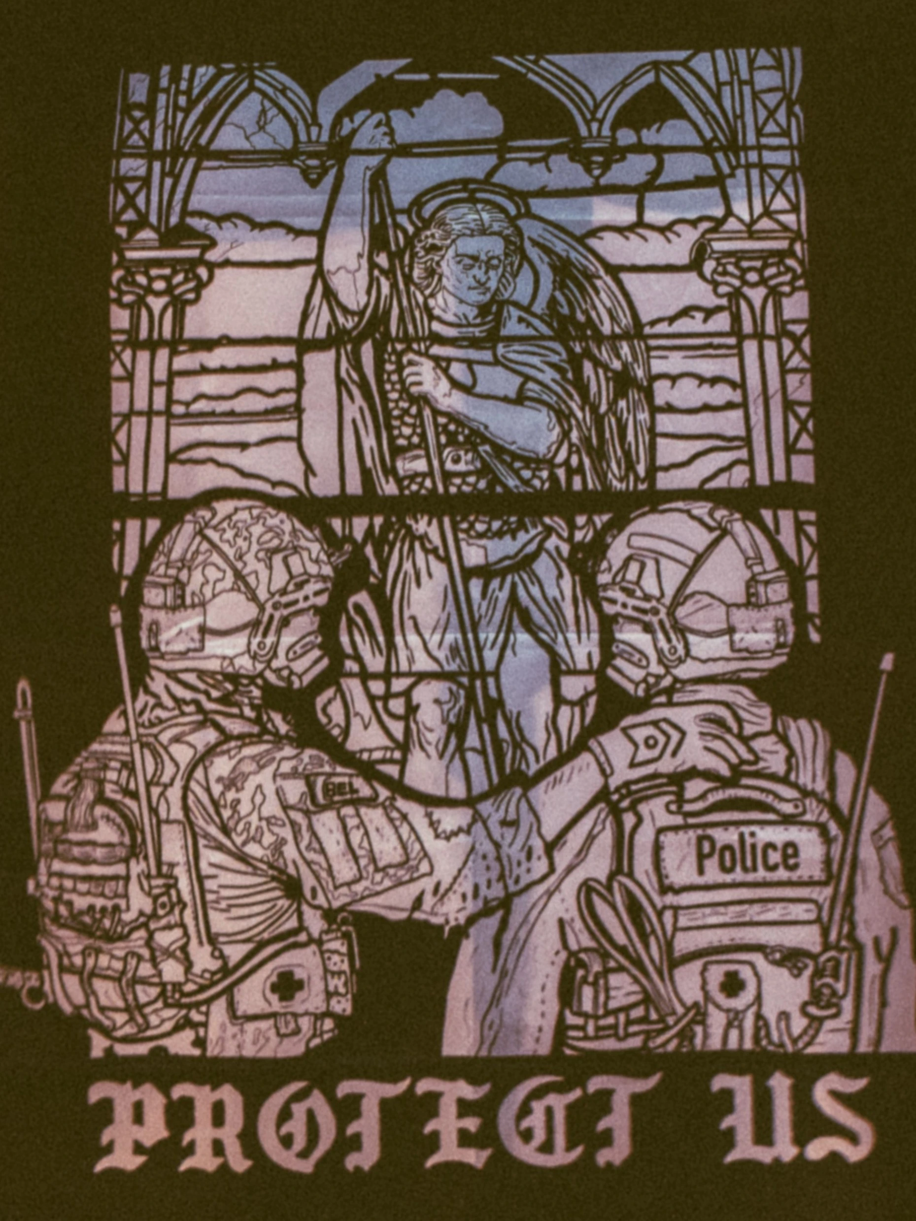 the trace apparel collection featuring a military and a police guy standing in front of a tinted window that displays saint michael the protector