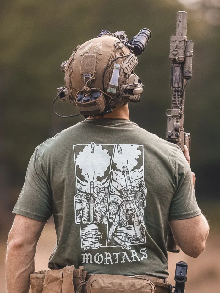 the trace apparel collection featuring guys firing a 81mm mortar and a 120mm mortar