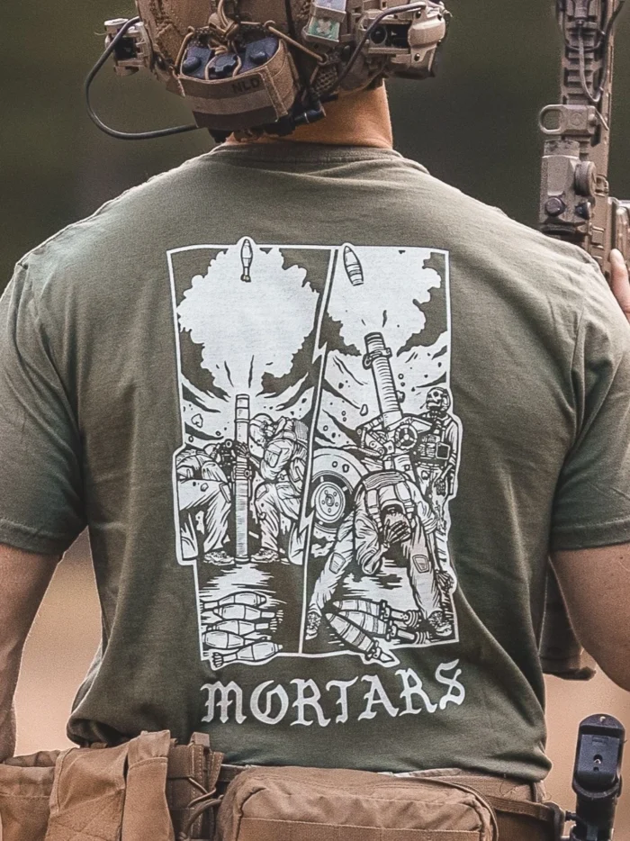 the trace apparel collection featuring guys firing a 81mm mortar and a 120mm mortar