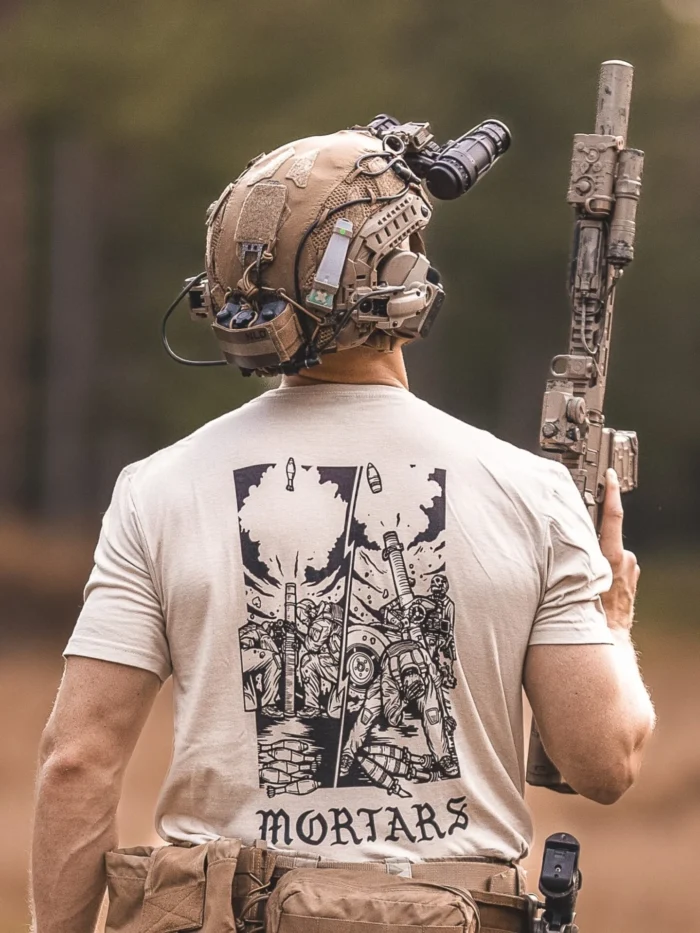the trace apparel collection featuring guys firing a 81mm mortar and a 120mm mortar