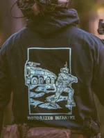 the trace apparel collection featuring guys fighting alongside a military boxer vehicle