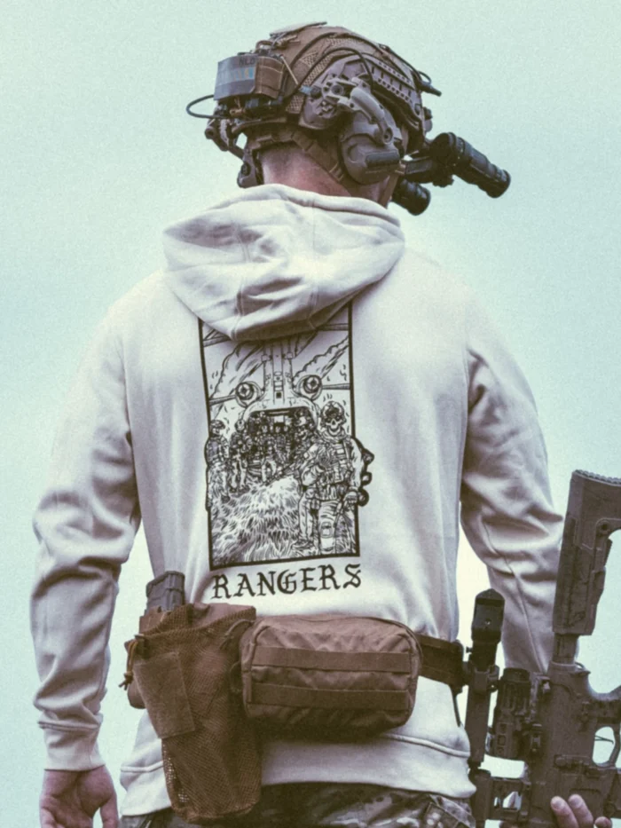 the trace apparel collection featuring rangers boarding a chinook
