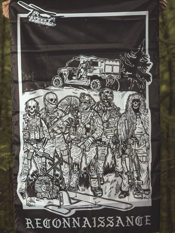 the trace apparel collection featuring a military reconnaissance group standing next to their equipment