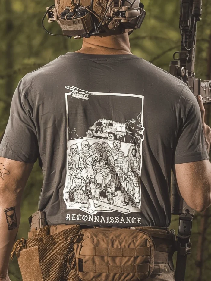 the trace apparel collection featuring a military reconnaissance group standing next to their equipment
