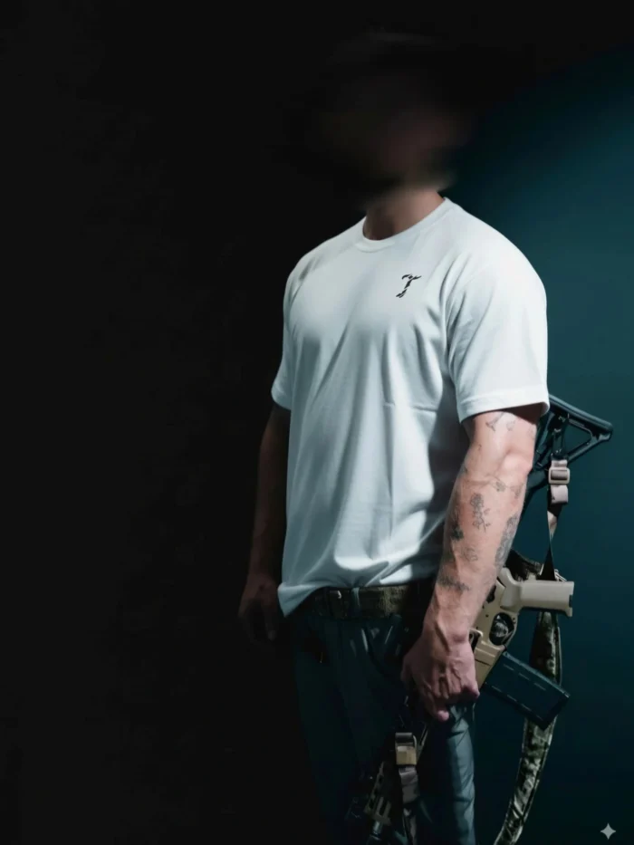 the trace mockup clothing featuring their T logo on the chest and a weapon on the hand