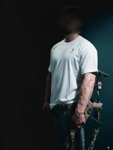 the trace mockup clothing featuring their T logo on the chest and a weapon on the hand