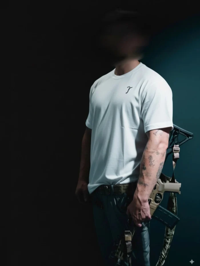 the trace mockup clothing featuring their T logo on the chest and a weapon on the hand